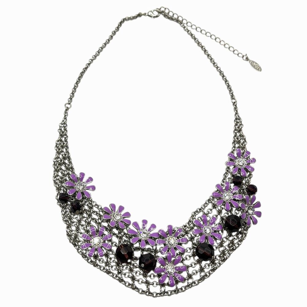 Latasia Purple Flower Mesh Bib Necklace Accent Bead Silver Tone Metal Chain